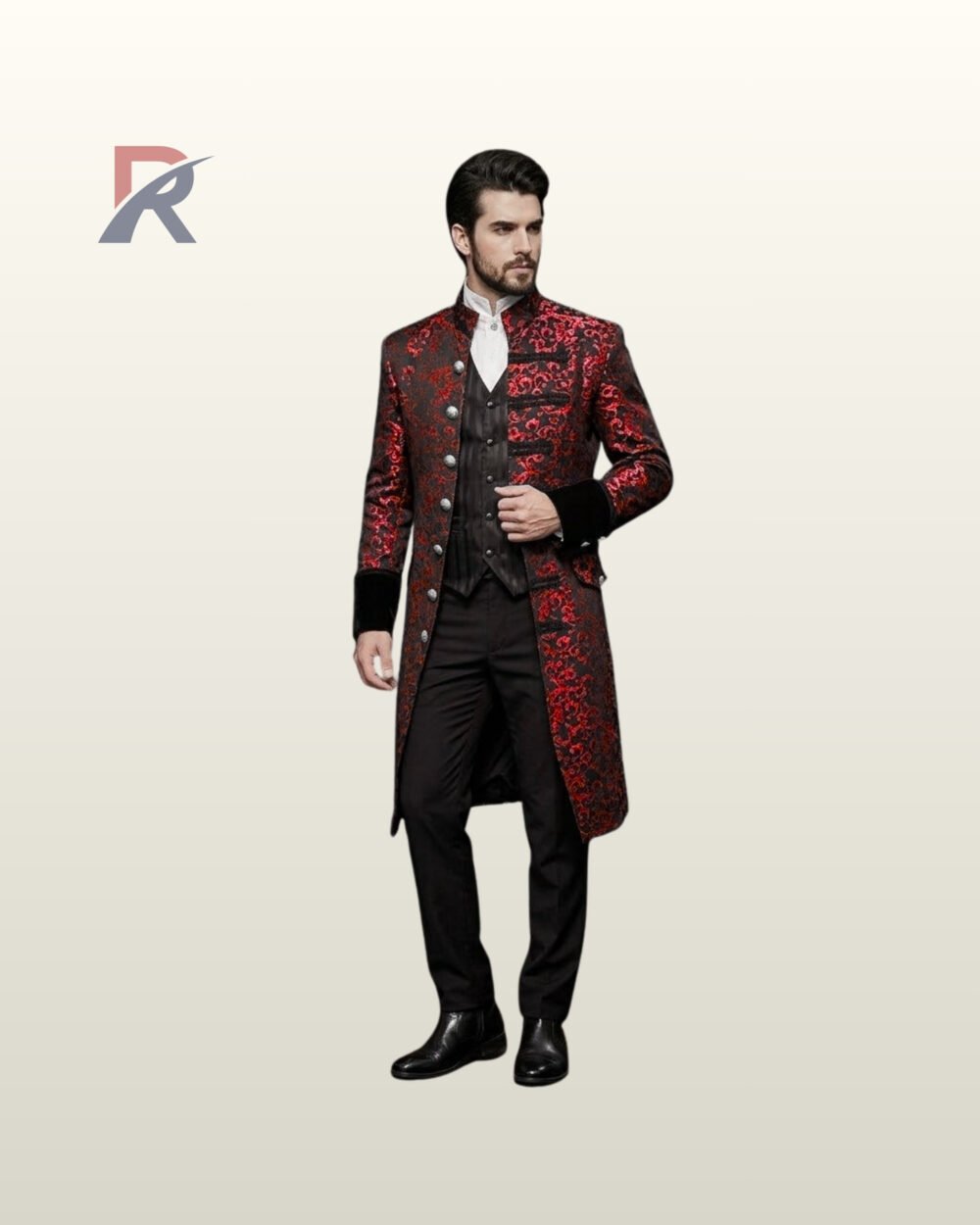 Men's ruby red floral jacquard Victorian tailcoat layered over a pinstriped black waistcoat, high-collar cravat shirt, and black dress trousers.