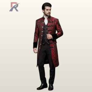 Men's ruby red floral jacquard Victorian tailcoat layered over a pinstriped black waistcoat, high-collar cravat shirt, and black dress trousers.