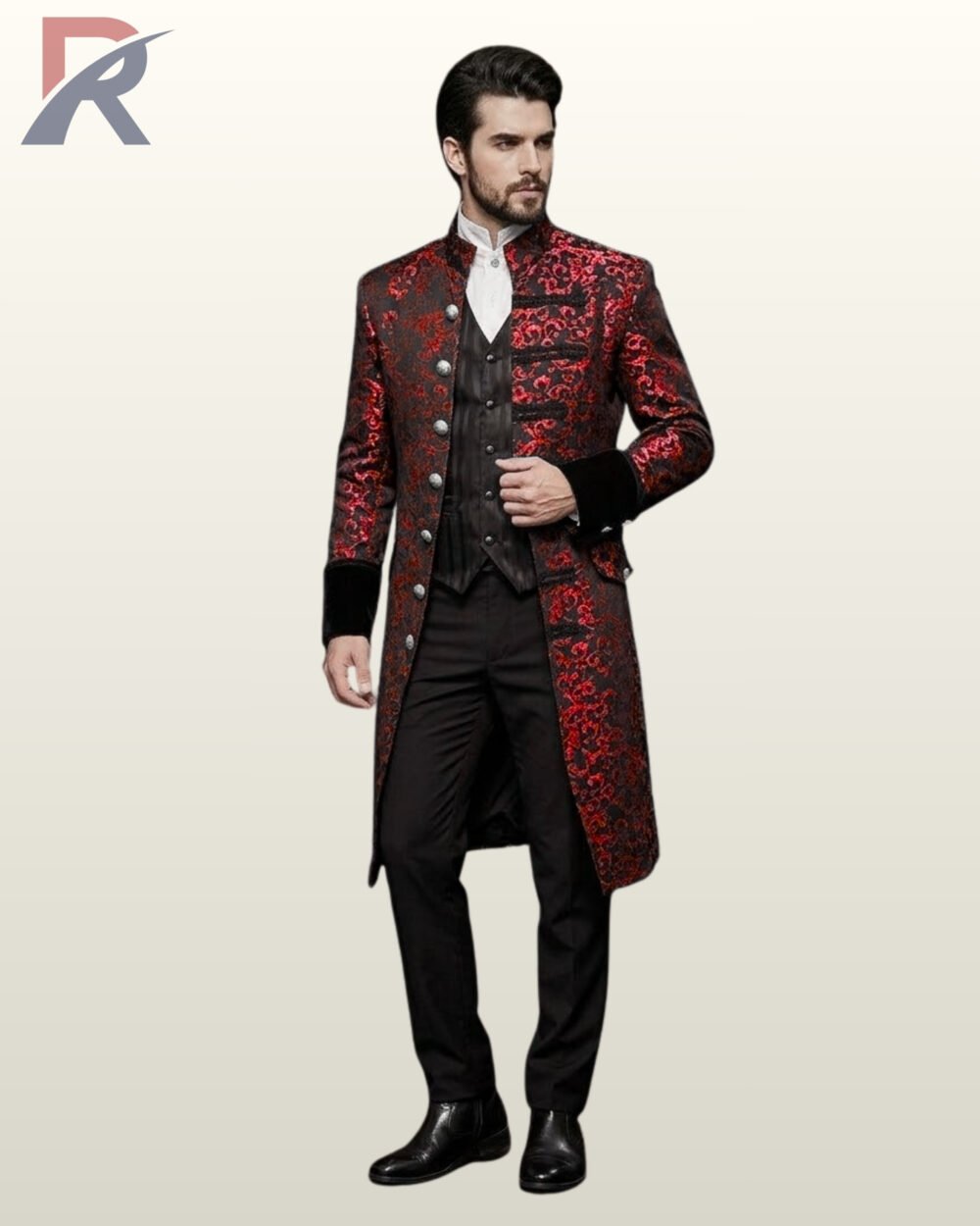 Full front view of a male model wearing a crimson red and black damask brocade gothic frock coat with silver dome buttons and black velvet sleeve cuffs.