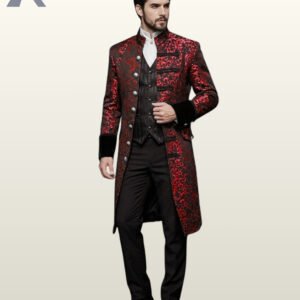 Full front view of a male model wearing a crimson red and black damask brocade gothic frock coat with silver dome buttons and black velvet sleeve cuffs.