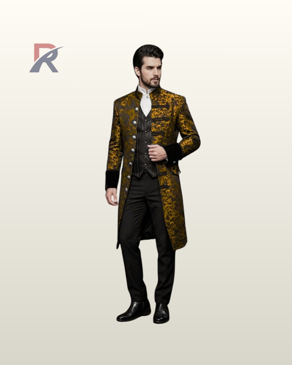 Men's ornate gold jacquard brocade Victorian frock coat styled with black velvet cuffs, pinstripe vest, white standing collar shirt, and dress shoes.