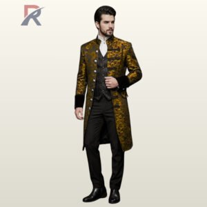 Men's ornate gold jacquard brocade Victorian frock coat styled with black velvet cuffs, pinstripe vest, white standing collar shirt, and dress shoes.