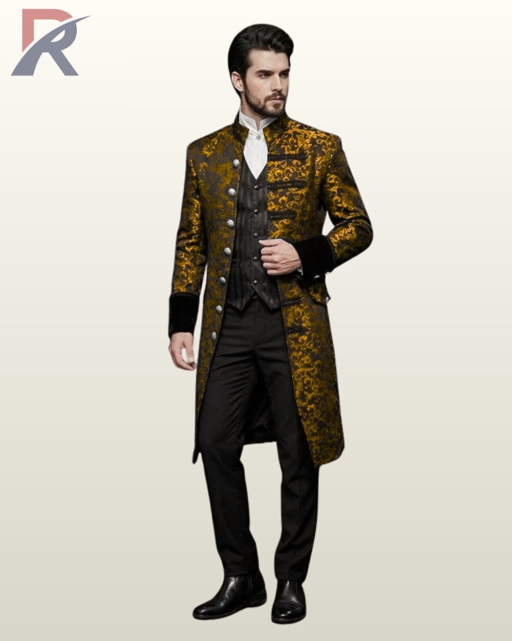 Full front view of a male model wearing a metallic antique gold floral damask gothic frock coat featuring standing mandarin collar and silver buttons.