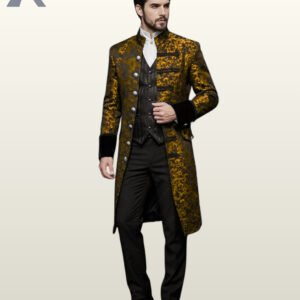 Full front view of a male model wearing a metallic antique gold floral damask gothic frock coat featuring standing mandarin collar and silver buttons.