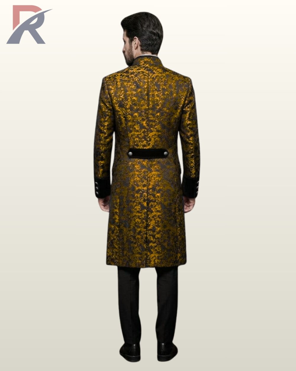 Full rear model view of a men's antique gold damask brocade gothic frock coat featuring a black velvet rear waist belt secured with silver buttons.