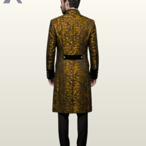 Full rear model view of a men's antique gold damask brocade gothic frock coat featuring a black velvet rear waist belt secured with silver buttons.