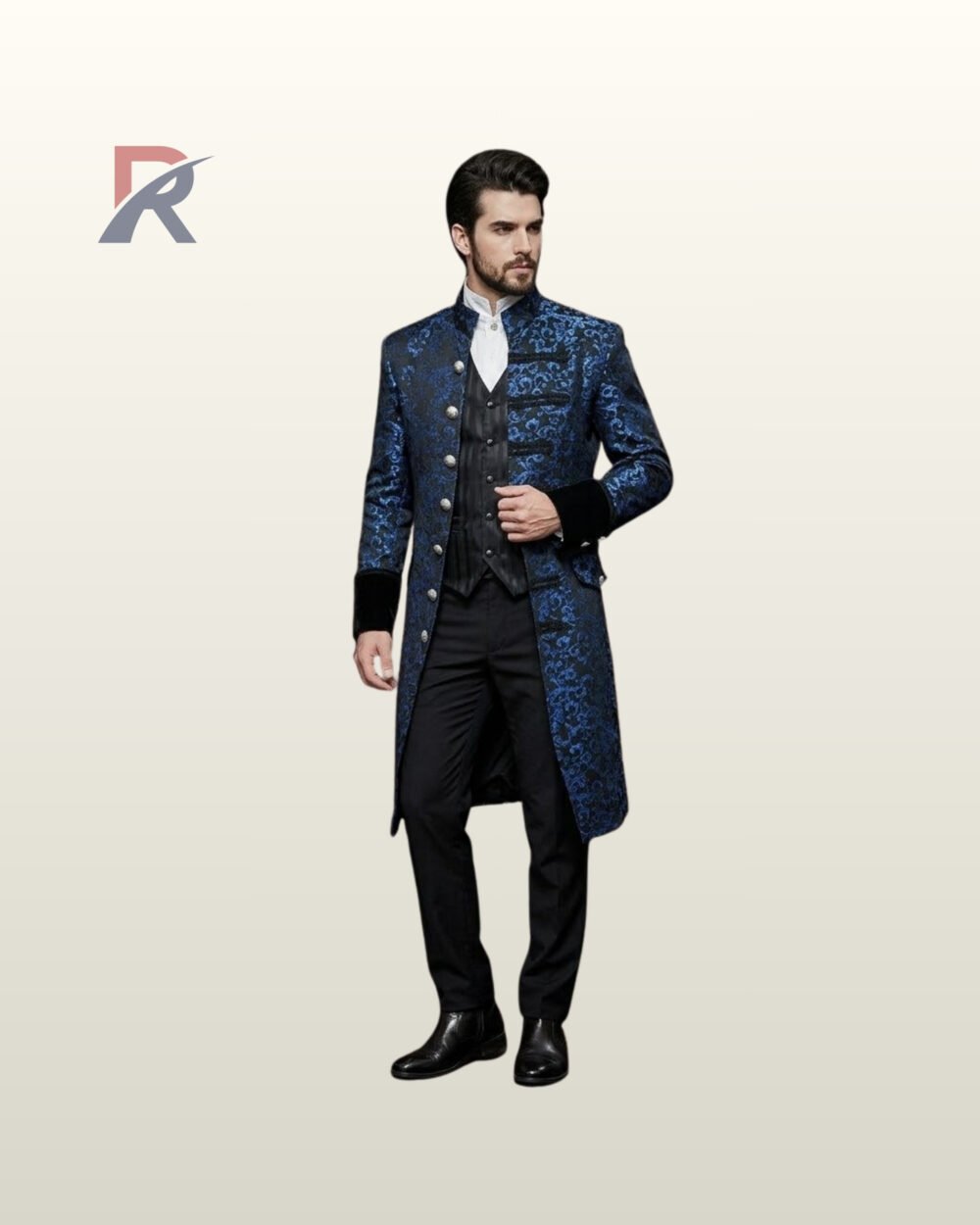 Full front view of a male model wearing a royal sapphire blue jacquard damask gothic frock coat with silver dome buttons and black velvet cuffs.