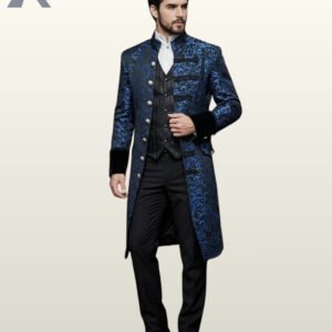 Men's ornate blue floral brocade Victorian overcoat styled over a black vest, high standing collared shirt, and tailored black trousers.