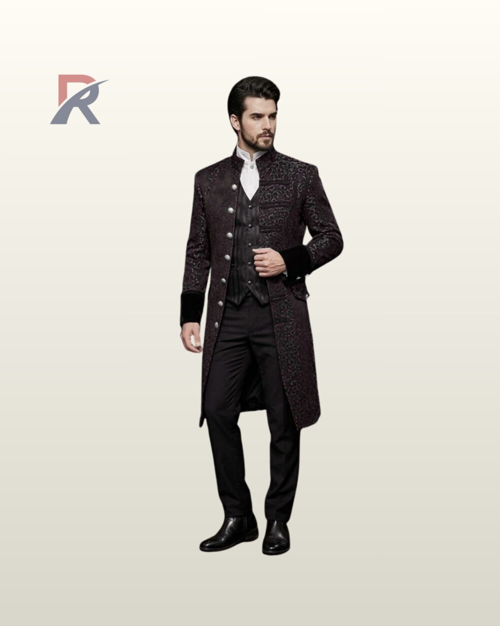 Men's deep violet floral jacquard Victorian overcoat layered over a pinstripe waistcoat, white standing collar shirt, and black dress trousers.