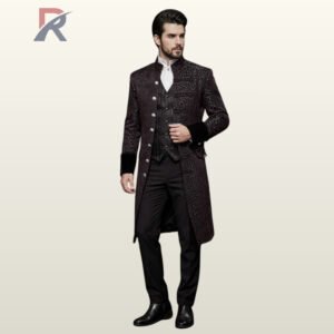 Men's deep violet floral jacquard Victorian overcoat layered over a pinstripe waistcoat, white standing collar shirt, and black dress trousers.