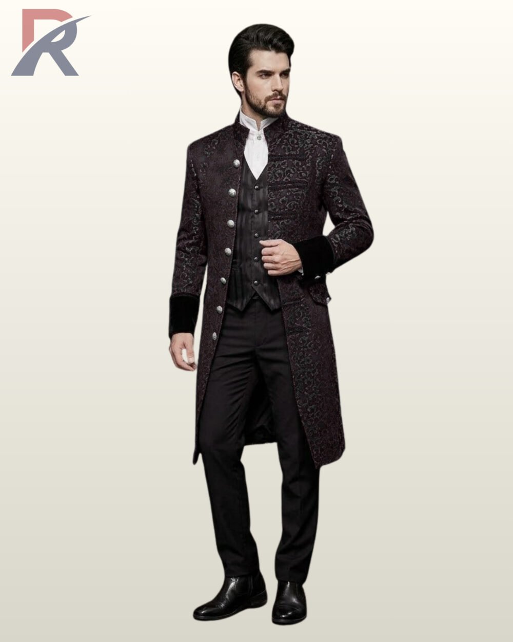 Full front view of a male model wearing a black purple damask brocade gothic frock coat with silver dome buttons and black velvet cuffs.