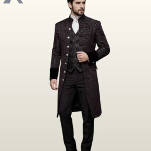 Full front view of a male model wearing a black purple damask brocade gothic frock coat with silver dome buttons and black velvet cuffs.