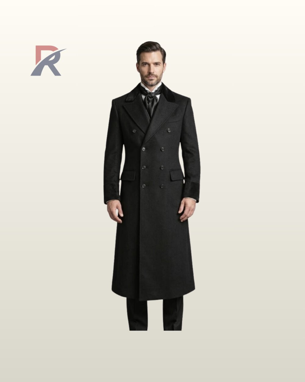 Men's formal Edwardian style black overcoat styled with a black silk ascot tie, featuring peak velvet lapels and six-button front closure.