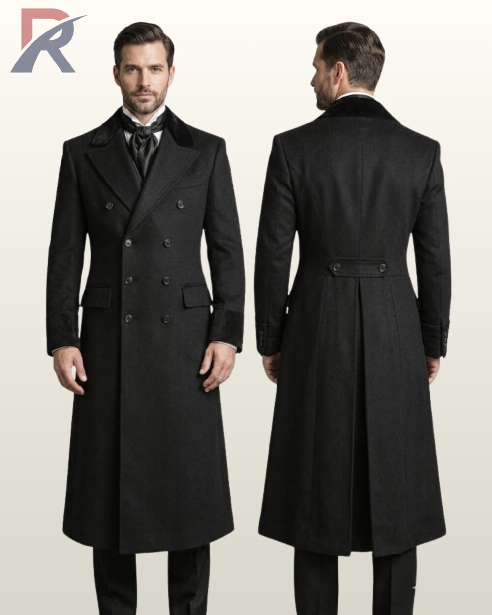 Side-by-side front and rear model view of a men's black Victorian frock overcoat with velvet collar trim, velvet cuffs, double-breasted buttons, and rear waist half-belt.