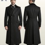 Side-by-side front and rear model view of a men's black Victorian frock overcoat with velvet collar trim, velvet cuffs, double-breasted buttons, and rear waist half-belt.
