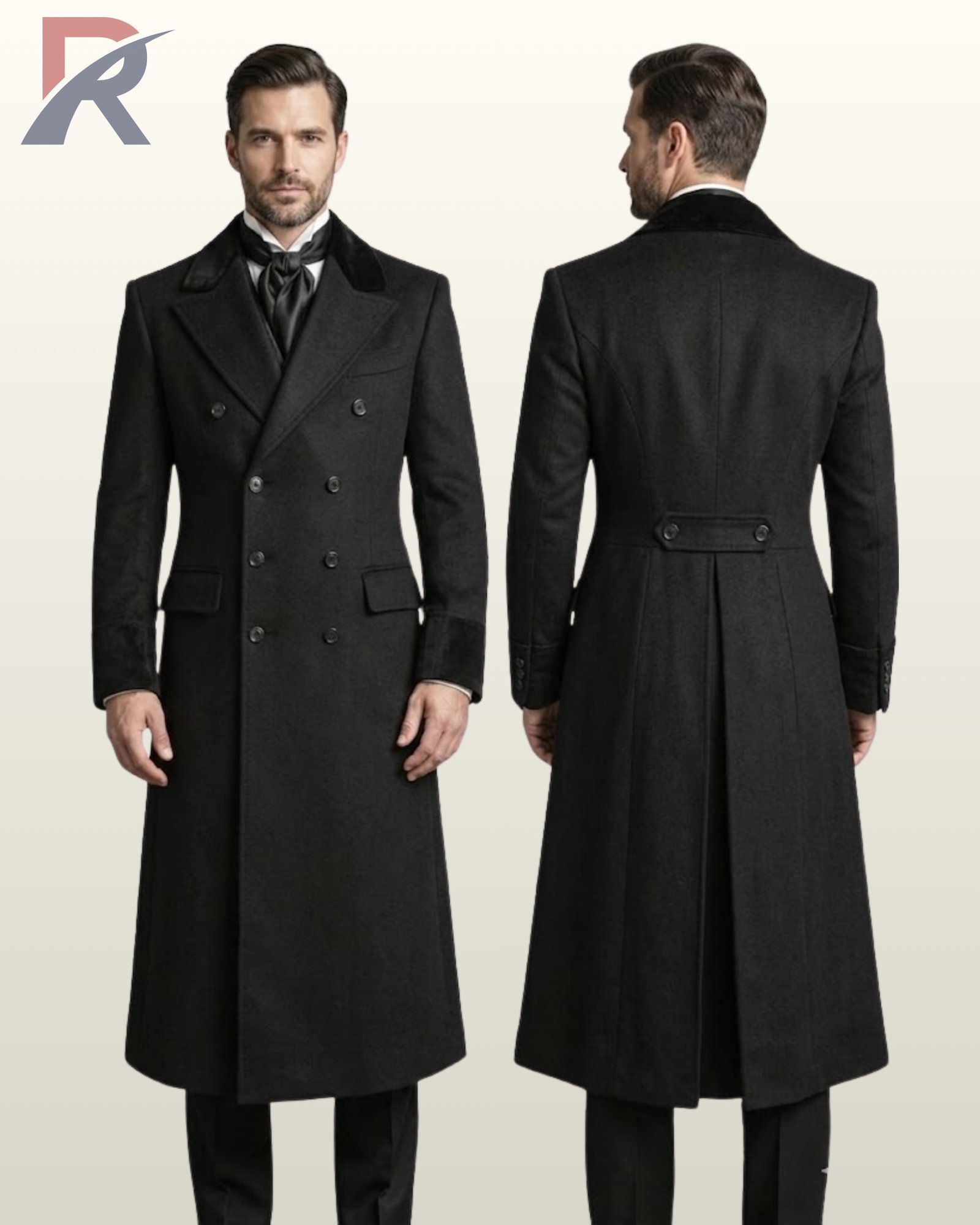 Side-by-side front and rear model view of a men's black Victorian frock overcoat with velvet collar trim, velvet cuffs, double-breasted buttons, and rear waist half-belt.