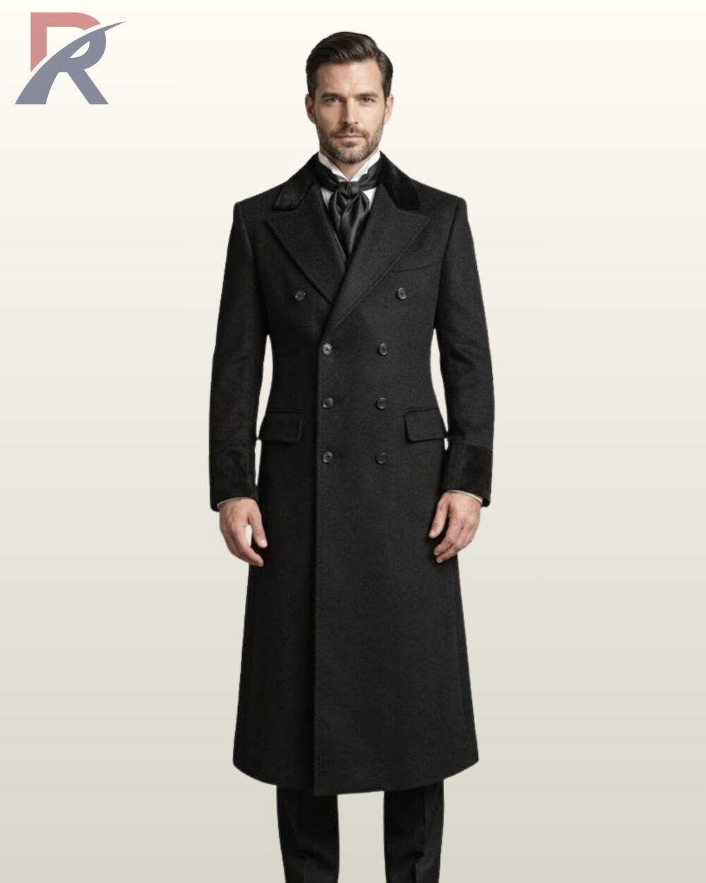 Full front view of a male model wearing a men's long black wool Victorian frock coat featuring a dark velvet lapel collar, velvet turn-back cuffs, double-breasted buttoning, and flap waist pockets.