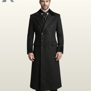Full front view of a male model wearing a men's long black wool Victorian frock coat featuring a dark velvet lapel collar, velvet turn-back cuffs, double-breasted buttoning, and flap waist pockets.