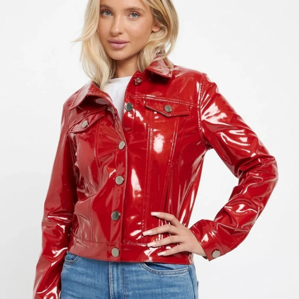 Shiny Vinyl Trucker Jacket – Faux Patent Leather