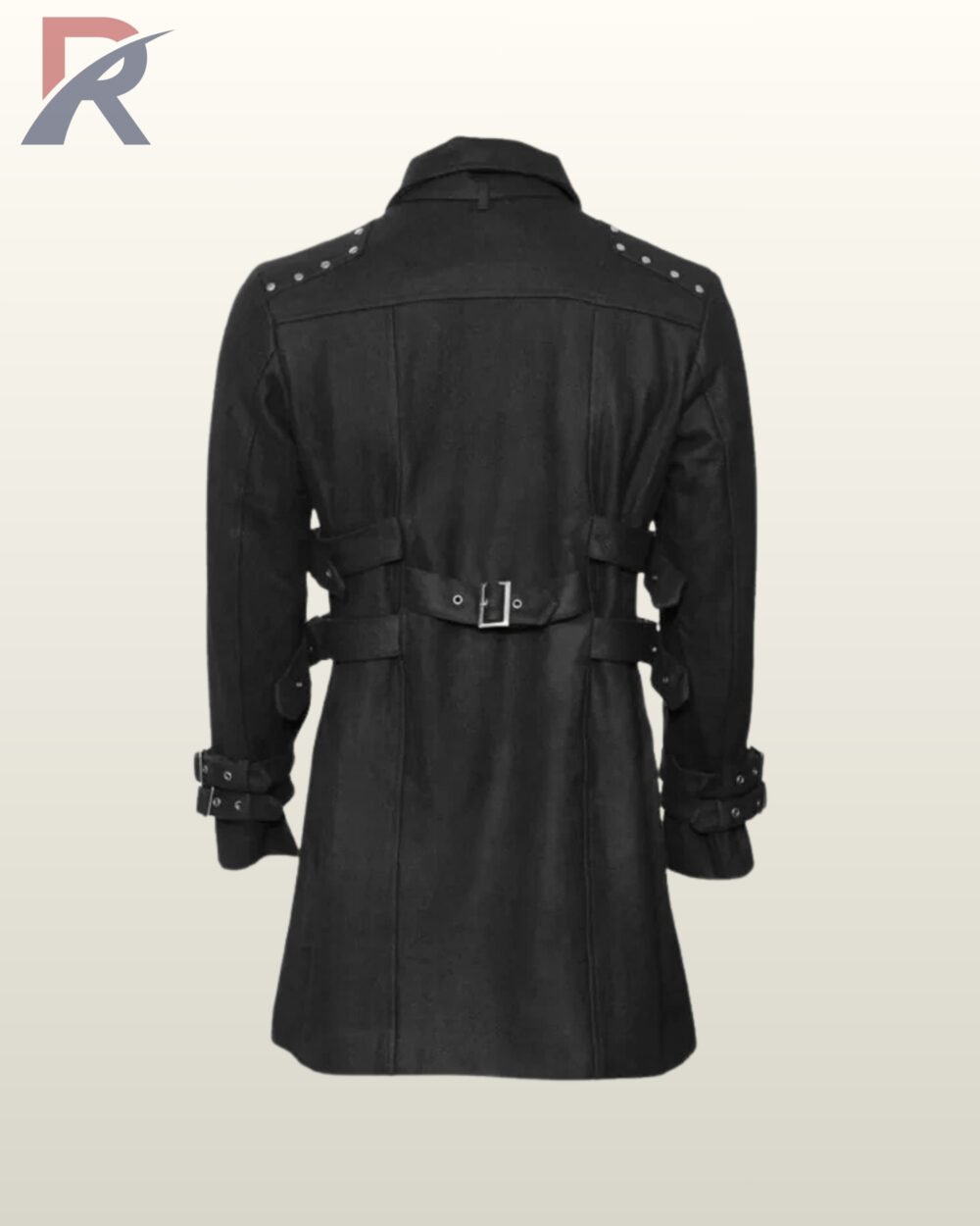 Direct rear product view of a men's black gothic trench coat detailing the adjustable back waist buckle, side straps, and metal shoulder studs.
