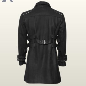 Direct rear product view of a men's black gothic trench coat detailing the adjustable back waist buckle, side straps, and metal shoulder studs.