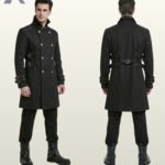 Side-by-side front three-quarter and rear model view of a men's black gothic officer trench coat with silver buttons and waist buckles.