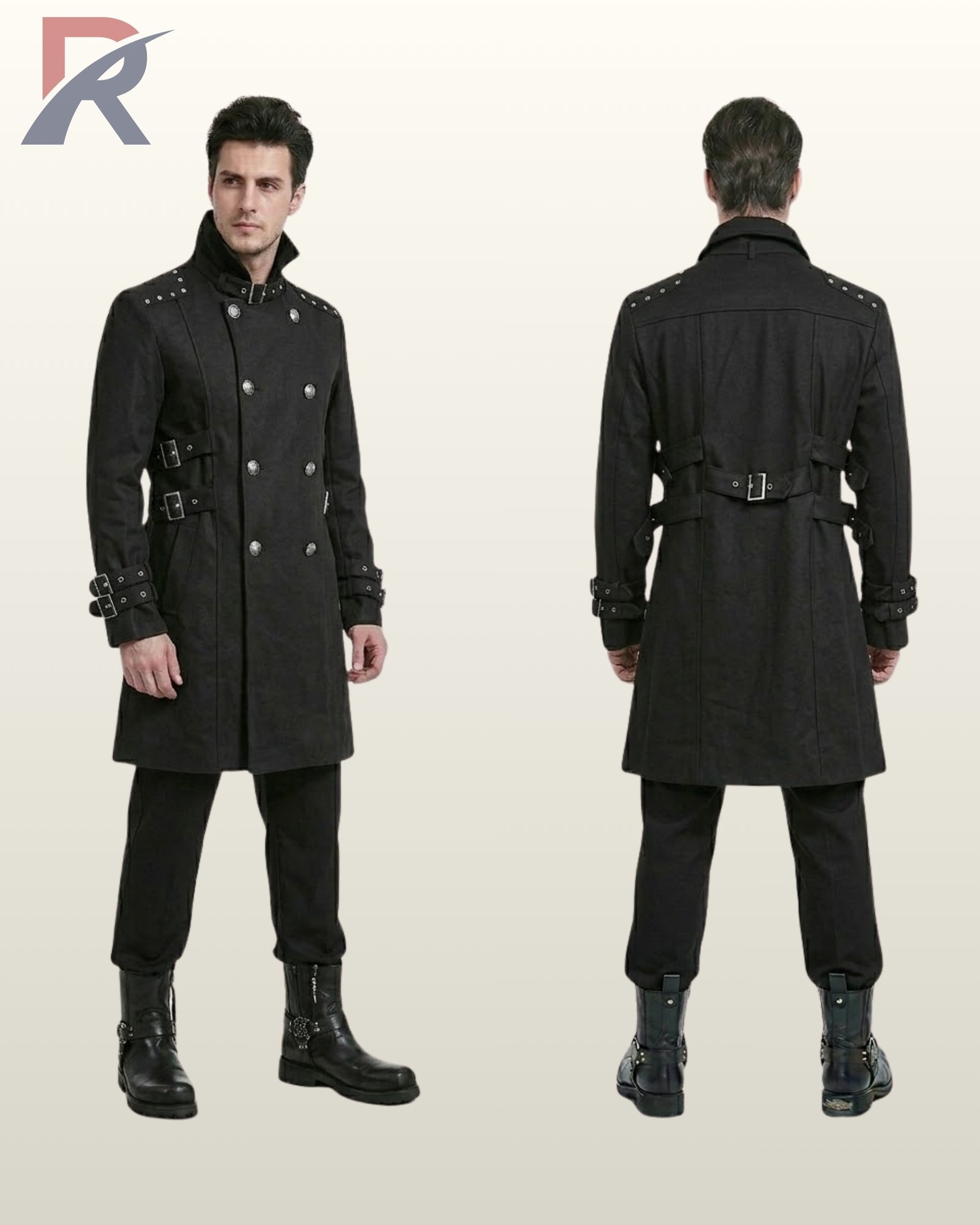 Side-by-side front three-quarter and rear model view of a men's black gothic officer trench coat with silver buttons and waist buckles.