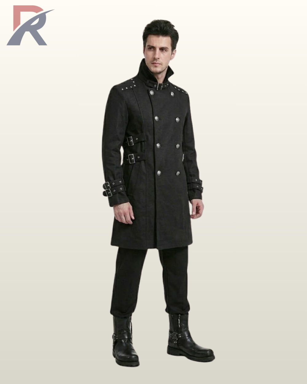 Three-quarter model view of a men's black gothic officer trench coat featuring double-breasted metal buttons, high funnel collar, and side waist buckles.