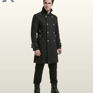 Three-quarter model view of a men's black gothic officer trench coat featuring double-breasted metal buttons, high funnel collar, and side waist buckles.
