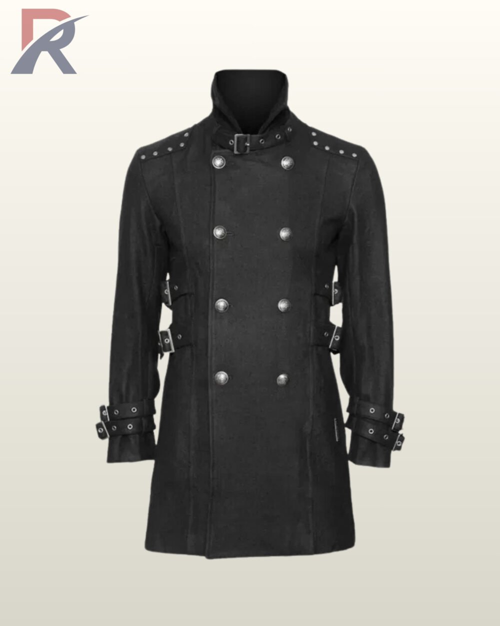 Direct front product view of a men's black gothic military trench coat featuring silver double-breasted buttons, high collar buckle, and shoulder studs.
