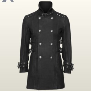 Direct front product view of a men's black gothic military trench coat featuring silver double-breasted buttons, high collar buckle, and shoulder studs.