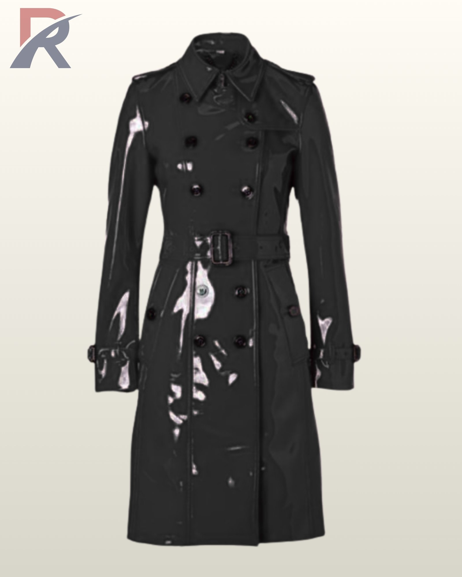 PVC Trench Coat Women Double Breasted Jacket, Glossy Belted Rain Coat, Shiny Fashion Outerwear - Image 3