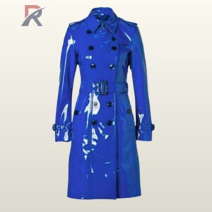 PVC Trench Coat Women Double Breasted Jacket, Glossy Belted Rain Coat, Shiny Fashion Outerwear