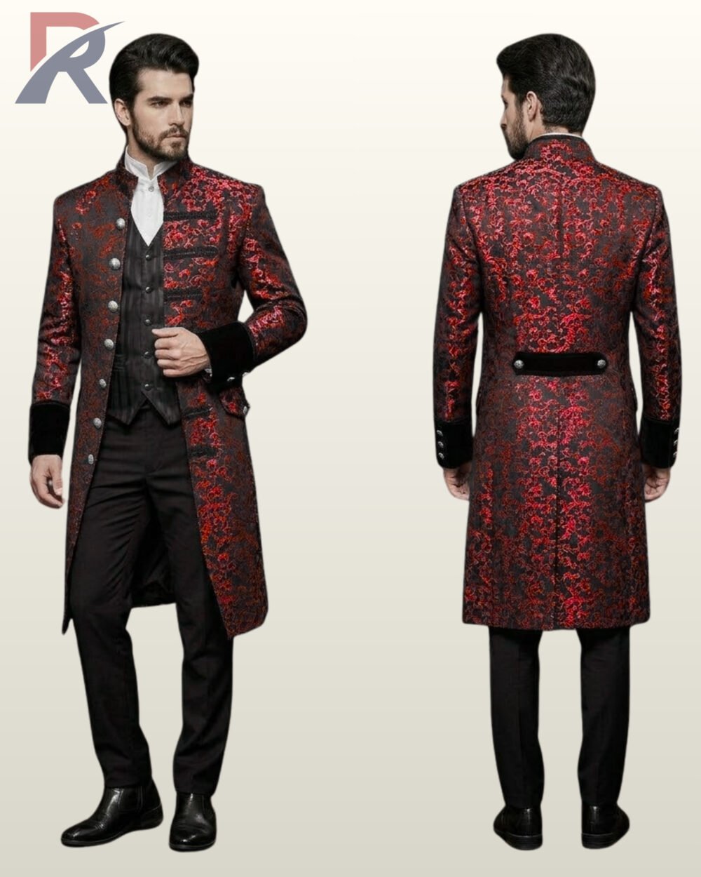 Side-by-side front and back view of a male model wearing a crimson red damask jacquard gothic frock coat with velvet cuffs and mandarin collar.
