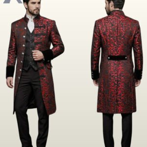 Side-by-side front and back view of a male model wearing a crimson red damask jacquard gothic frock coat with velvet cuffs and mandarin collar.