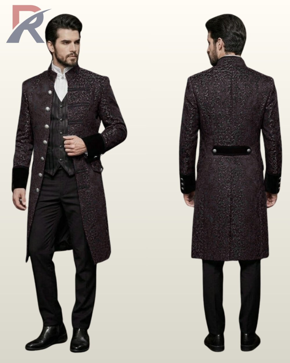 Side-by-side front and rear model view of a men's dark jacquard damask gothic frock coat featuring black velvet cuff trim and silver dome buttons.