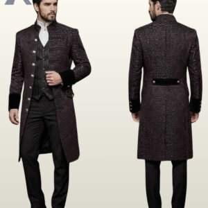 Side-by-side front and rear model view of a men's dark jacquard damask gothic frock coat featuring black velvet cuff trim and silver dome buttons.