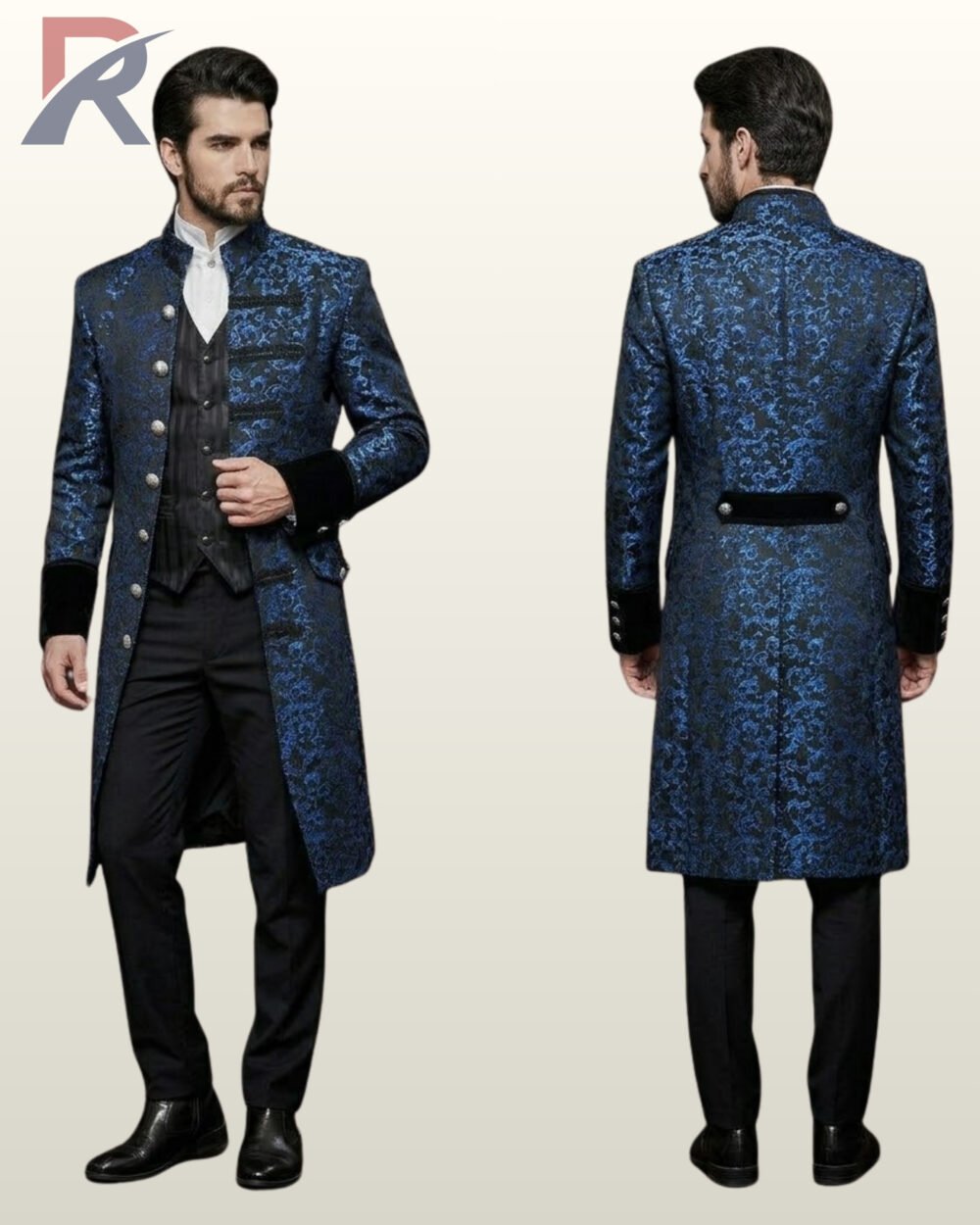 Side-by-side front and rear model view of a men's royal sapphire blue damask brocade gothic frock coat with velvet turn-back cuffs and standing collar.