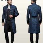 Side-by-side front and rear model view of a men's royal sapphire blue damask brocade gothic frock coat with velvet turn-back cuffs and standing collar.