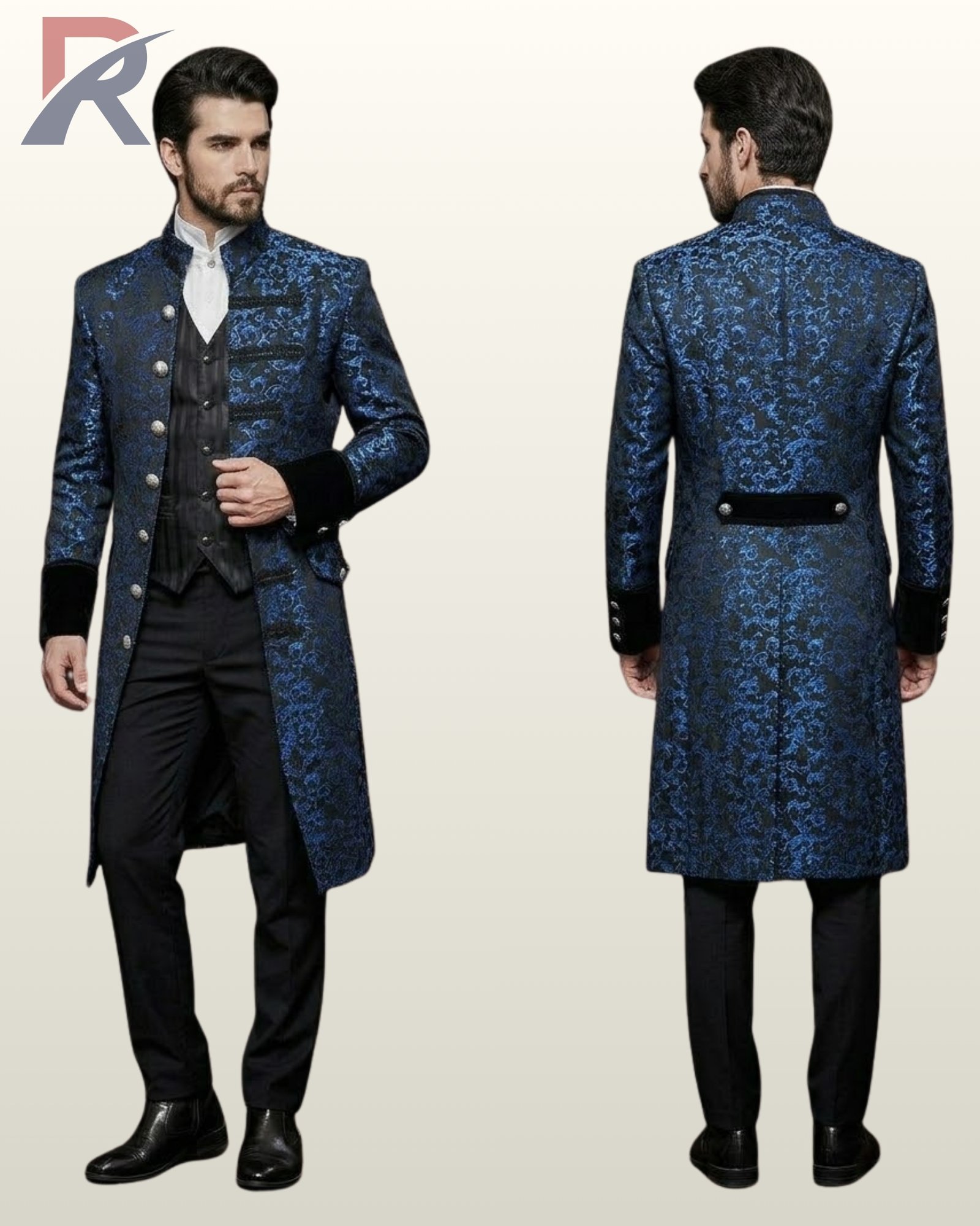 Side-by-side front and rear model view of a men's royal sapphire blue damask brocade gothic frock coat with velvet turn-back cuffs and standing collar.