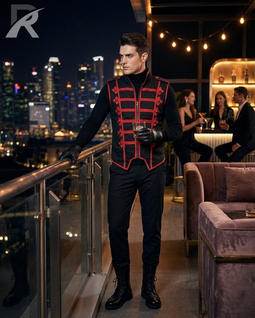 Men black red steampunk military vest lifestyle view