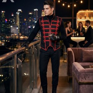 Men black red steampunk military vest lifestyle view