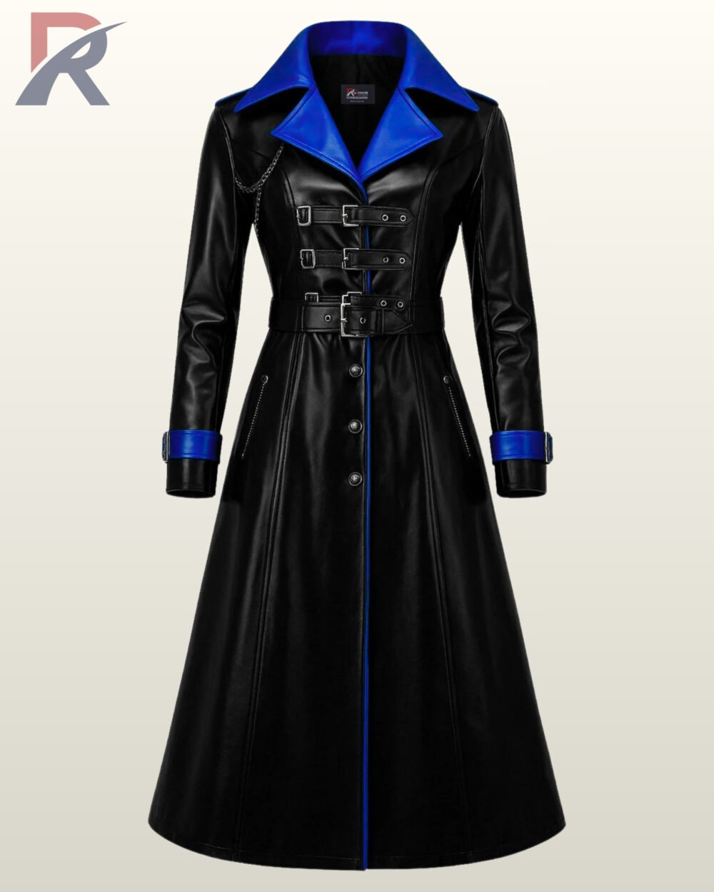 Women black leather gothic trench coat with a royal blue contrast collar and front buckle straps.