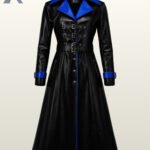 Women black leather gothic trench coat with a royal blue contrast collar and front buckle straps.