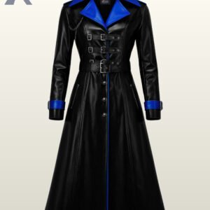 Women black leather gothic trench coat with a royal blue contrast collar and front buckle straps.