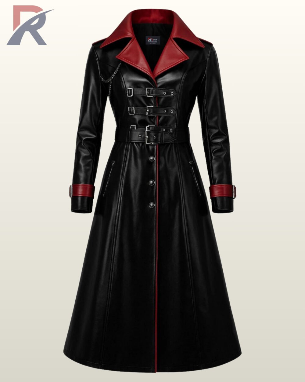 Women black leather gothic trench coat with a vibrant red collar and multi-buckle chest straps.