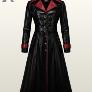 Women black leather gothic trench coat with a vibrant red collar and multi-buckle chest straps.