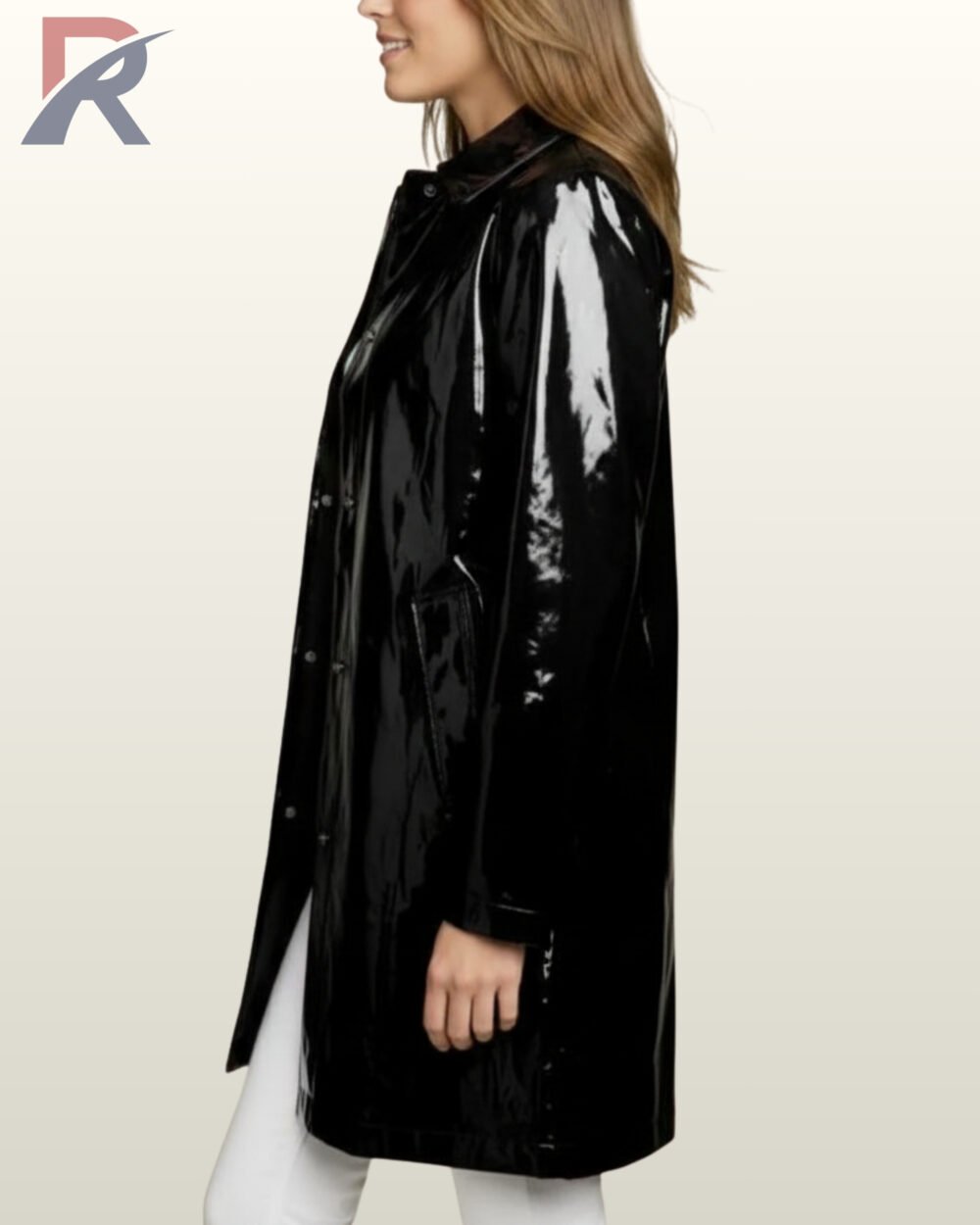 Shiny black PVC raincoat featuring a classic pointed collar and mid-length tailored design.