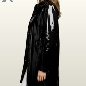 Shiny black PVC raincoat featuring a classic pointed collar and mid-length tailored design.
