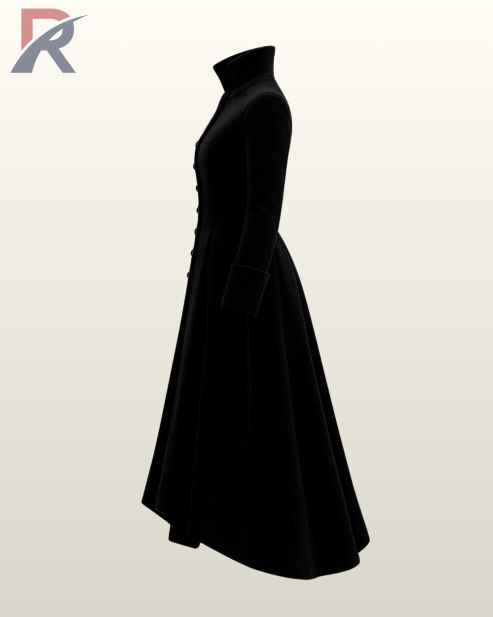 Victorian steampunk long coat for women featuring a button-down front and folded upturned cuffs.